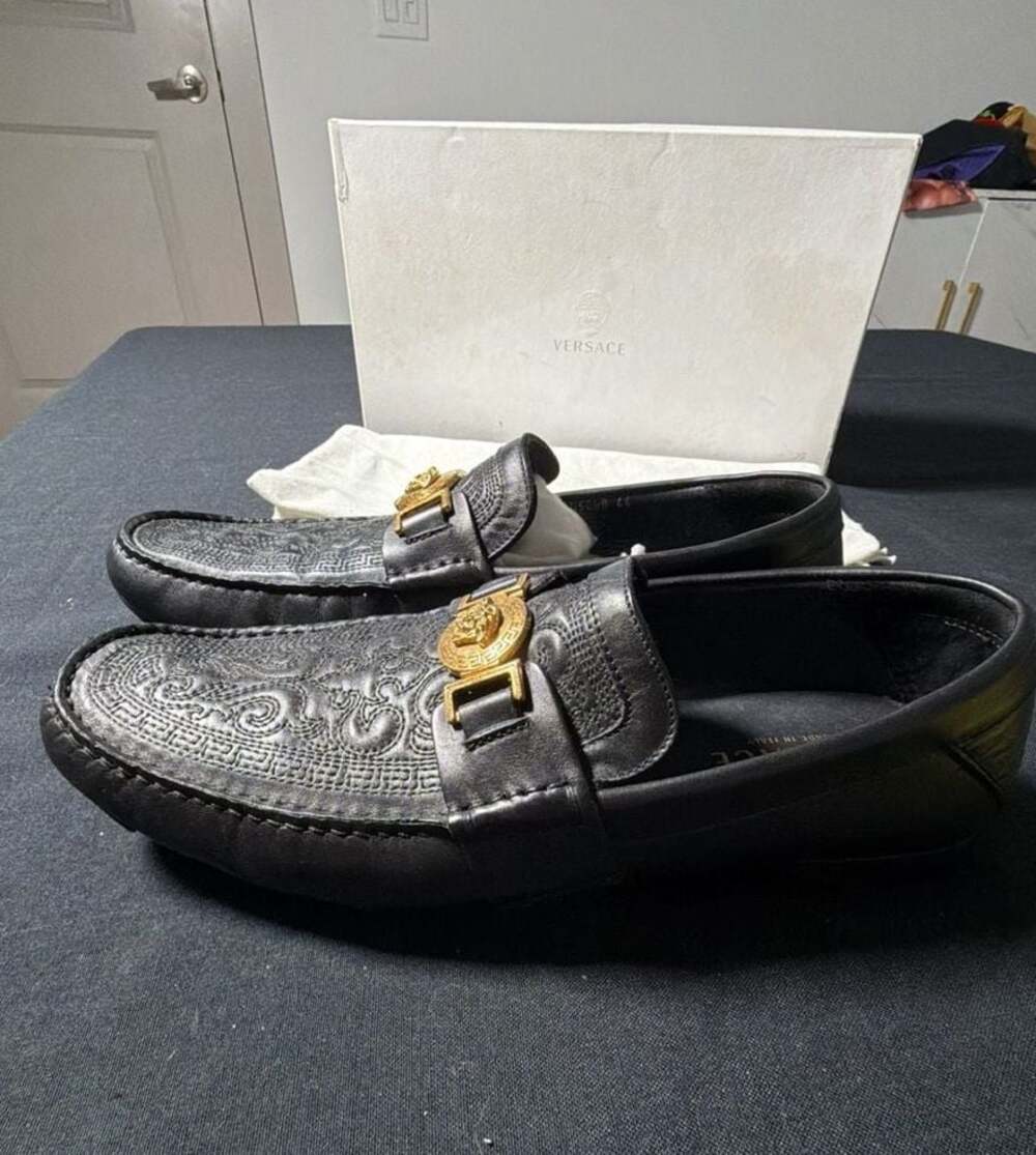 Versace Barocco Embossed Leather Loafers with Medusa Plaque